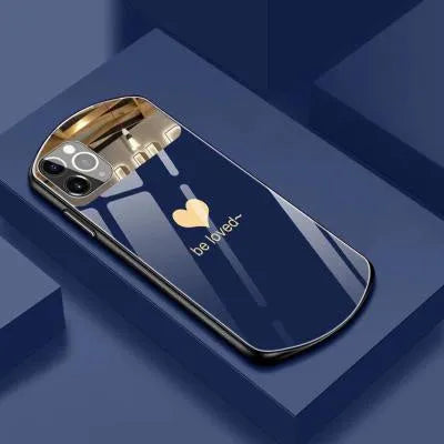 Black phone case for iPhone with a rectangular mirror on the back and letter graphic design.