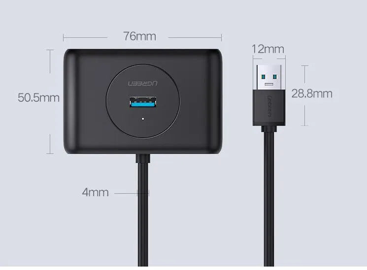 Deep black USB splitter hub with four ports, ABS plastic shell, and indicator light on desk