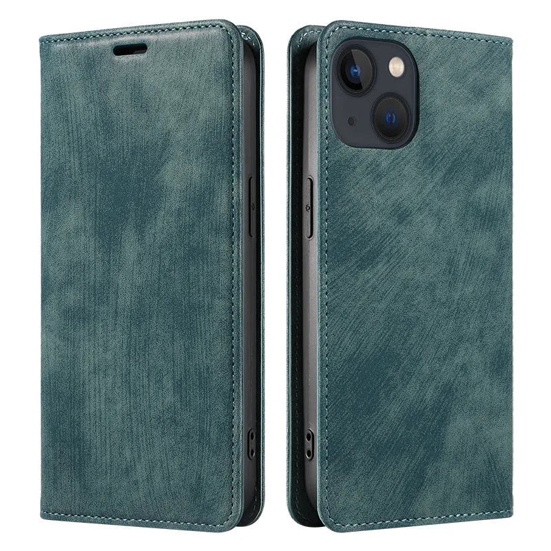 Magnetic flip leather phone case for iPhone in various solid colours, showing front and closed views.