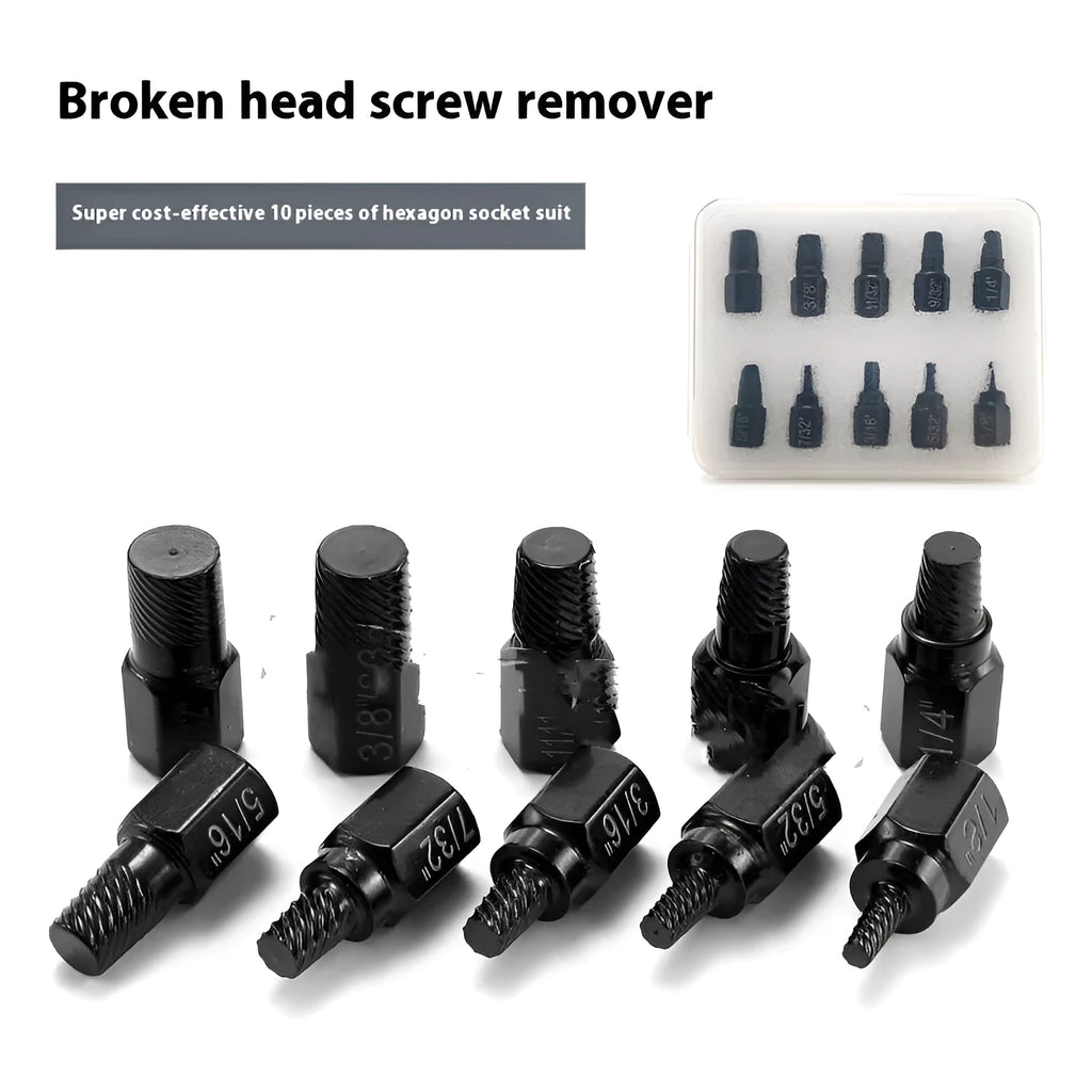 10-piece metal screw extractor set for broken head screws and studs, supplied without plastic box
