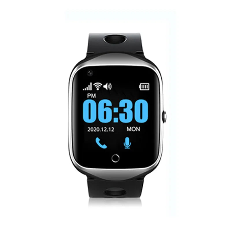 Black intelligent positioning phone watch for the elderly with a square screen and silicone strap.