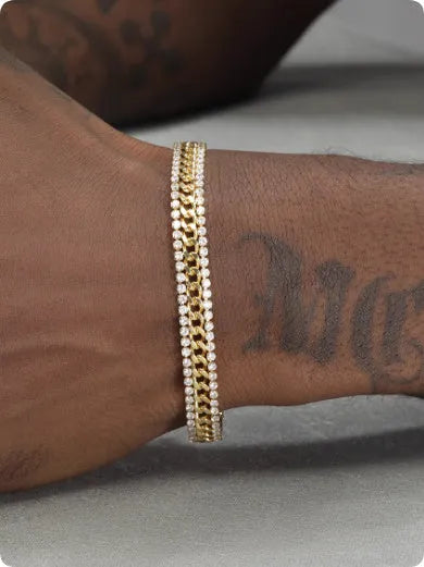 Gold tennis bracelet with artificial gemstone inlay on titanium steel band