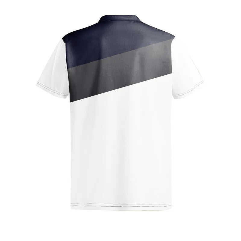 Men's loose grey t-shirt with a colourful 3D digital abstract print on the front.