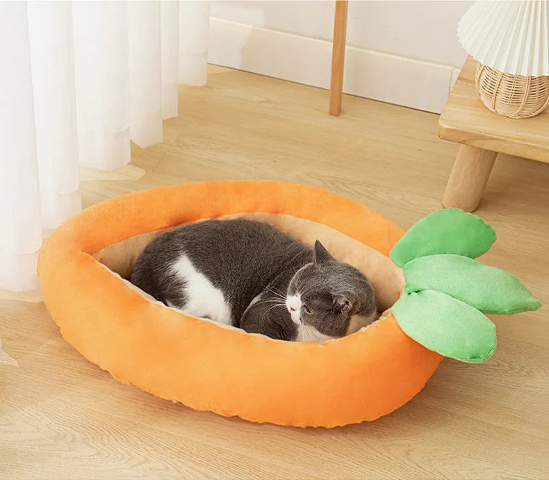 Carrot-shaped nesting dog bed for small medium pets with a removable soft blanket