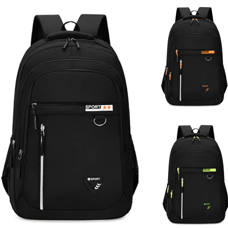 Men's Oxford cloth schoolbag with letters pattern in multiple colour options showing air pillow belt system