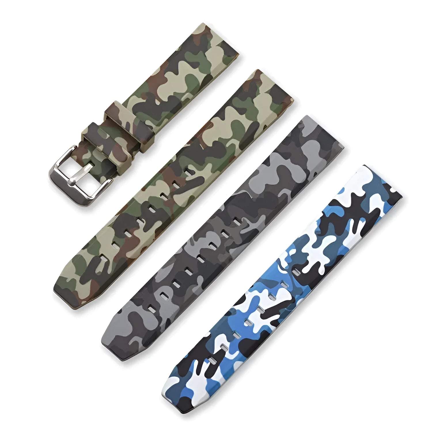 Green camouflage silicone watch strap with universal flat head lugs on a grey background.