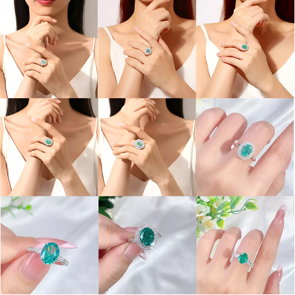 Women's emerald ring in S925 sterling silver with geometric shape and high carbon diamond.