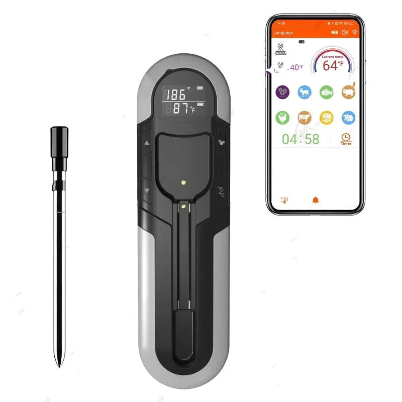 Blue portable Bluetooth barbecue thermometer with magnet design and LCD screen on a metal grill surface