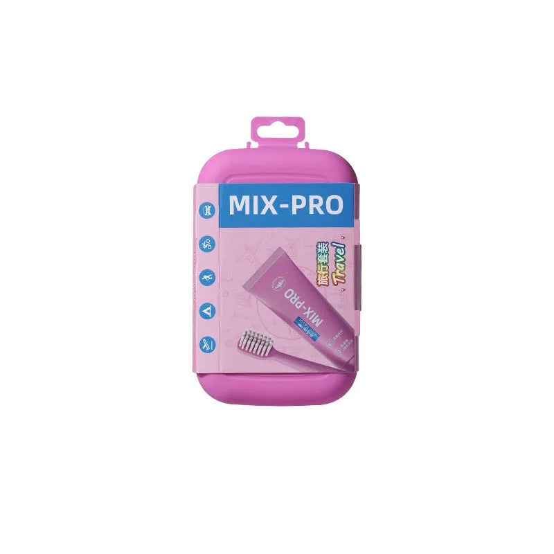 Portable travel toothbrush toothpaste set in blue and pink, compact oral care kit for adults