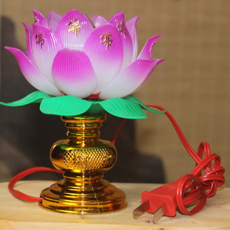 Colourful lotus flower design Buddha plug-in lamp for altar worship.