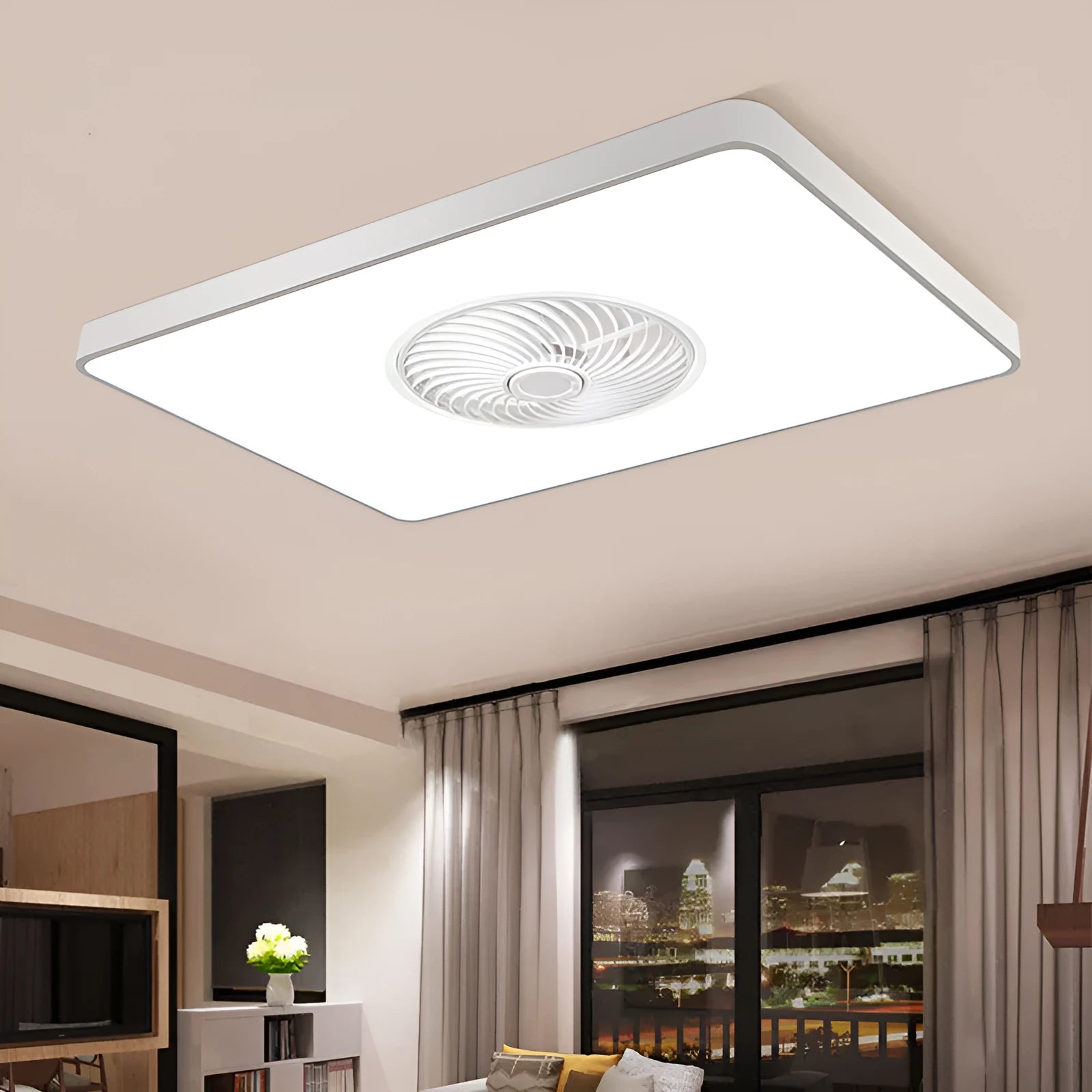 Nordic ceiling fan with integrated light fixture in solid wood, showing rectangular, round, and square shape options.