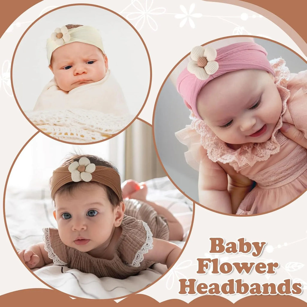 Soft nylon baby flower headband in five colours beige pink khaki brown white for newborns and toddlers