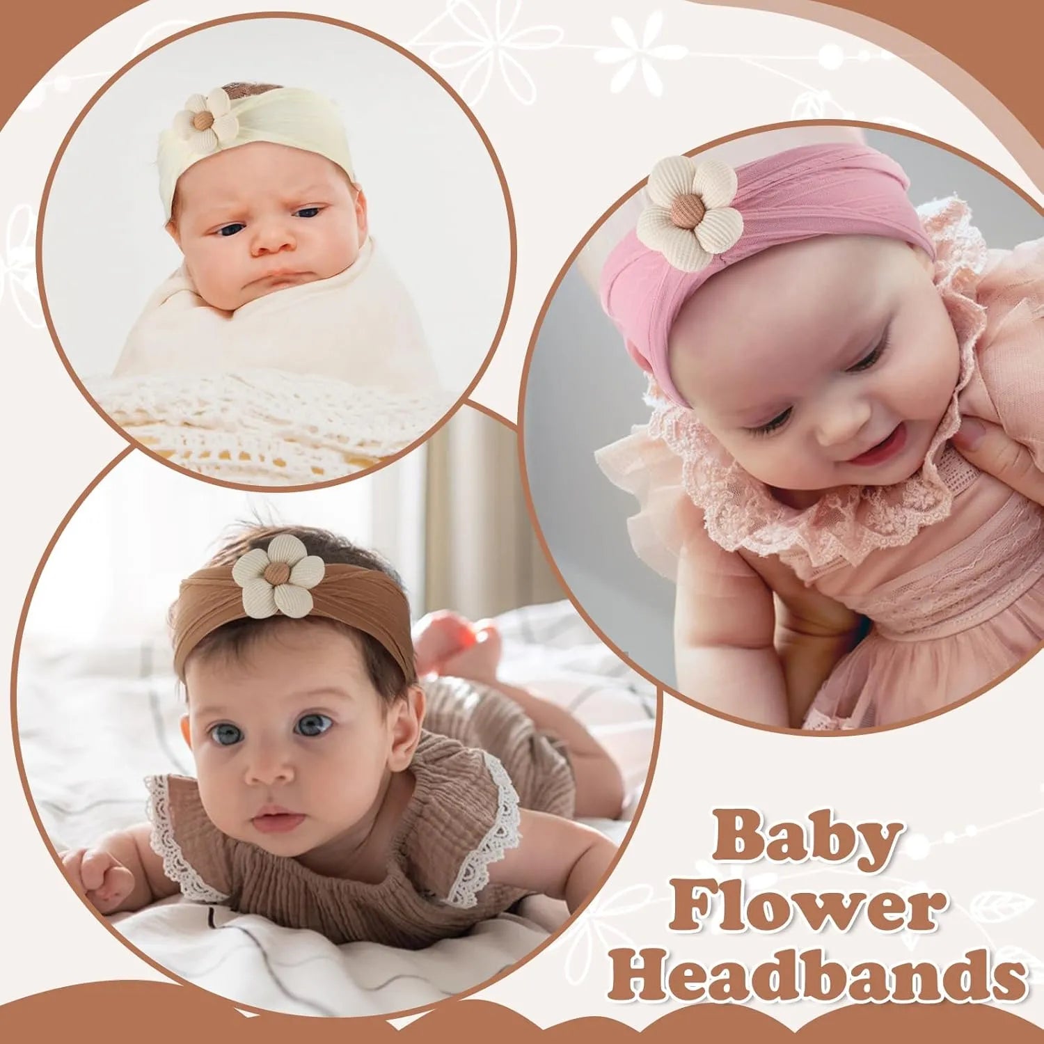 Soft nylon baby flower headband in five colours beige pink khaki brown white for newborns and toddlers