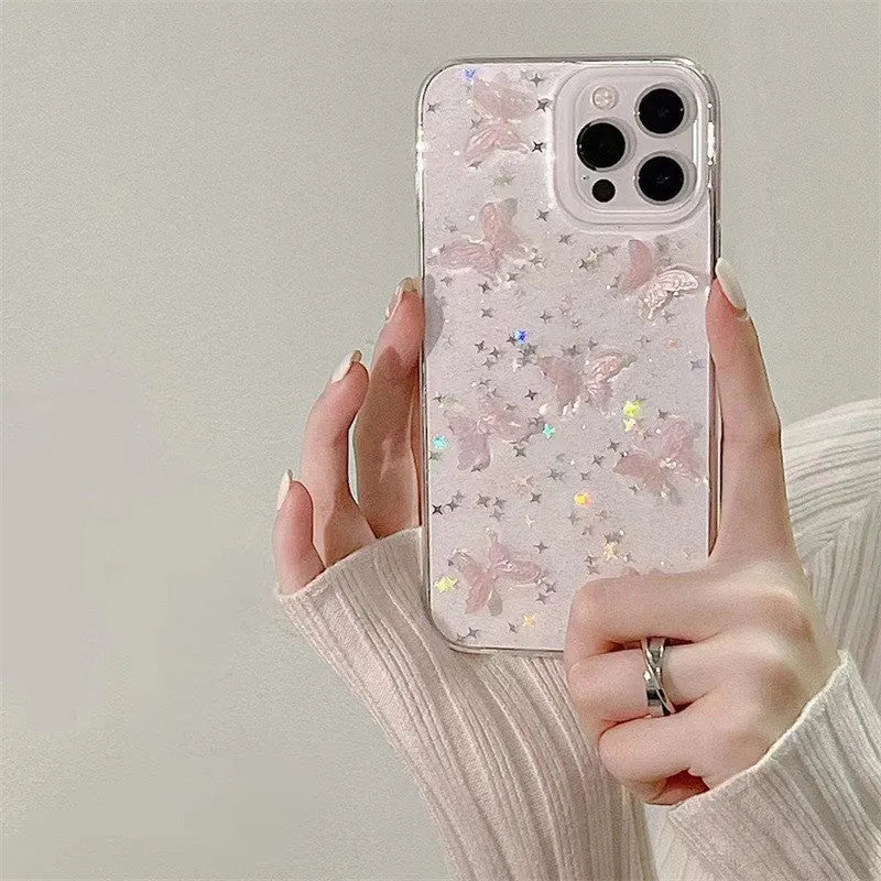 Butterfly pink ins style phone case with transparent TPU soft shell and 3D butterfly design for iPhone.