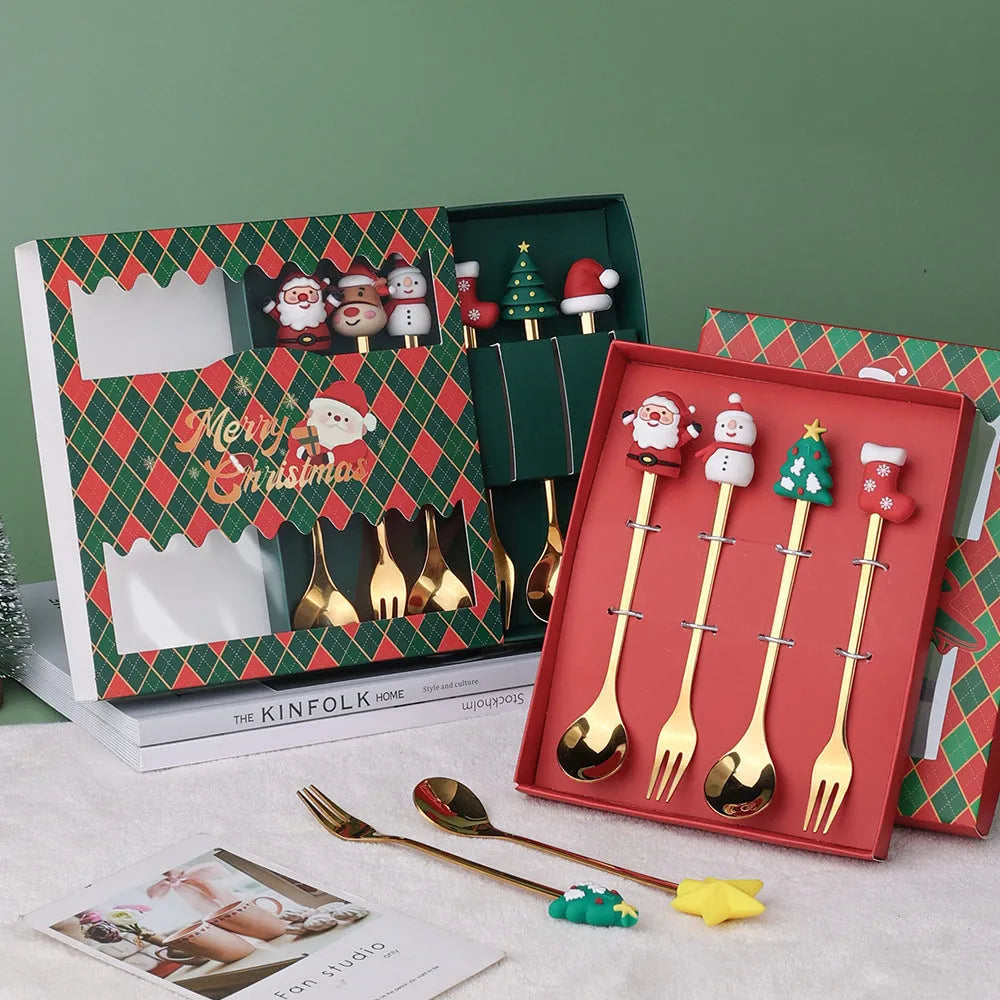 Red stainless steel Christmas spoon and fork set with tree and snowman handle designs