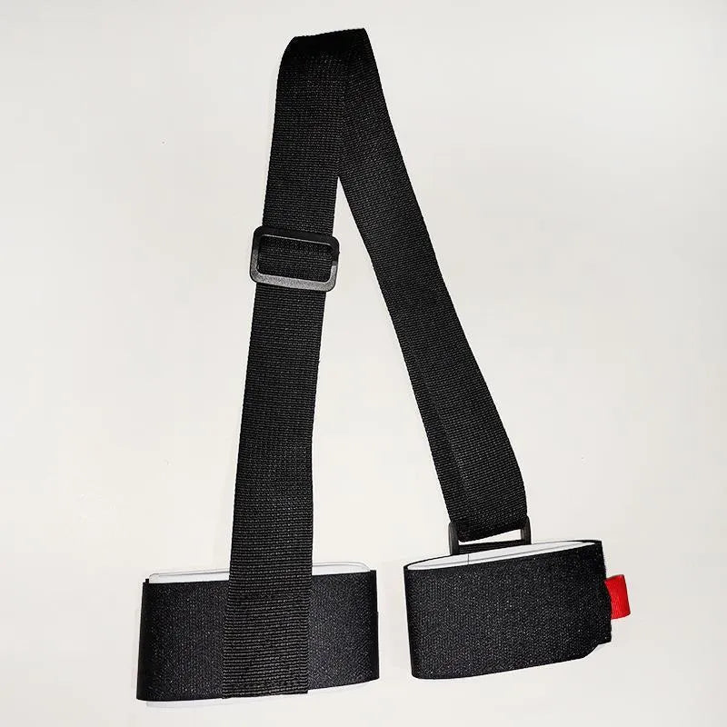 Adjustable skiing bandage with shoulder strap and hook and loop closures for ski carrying
