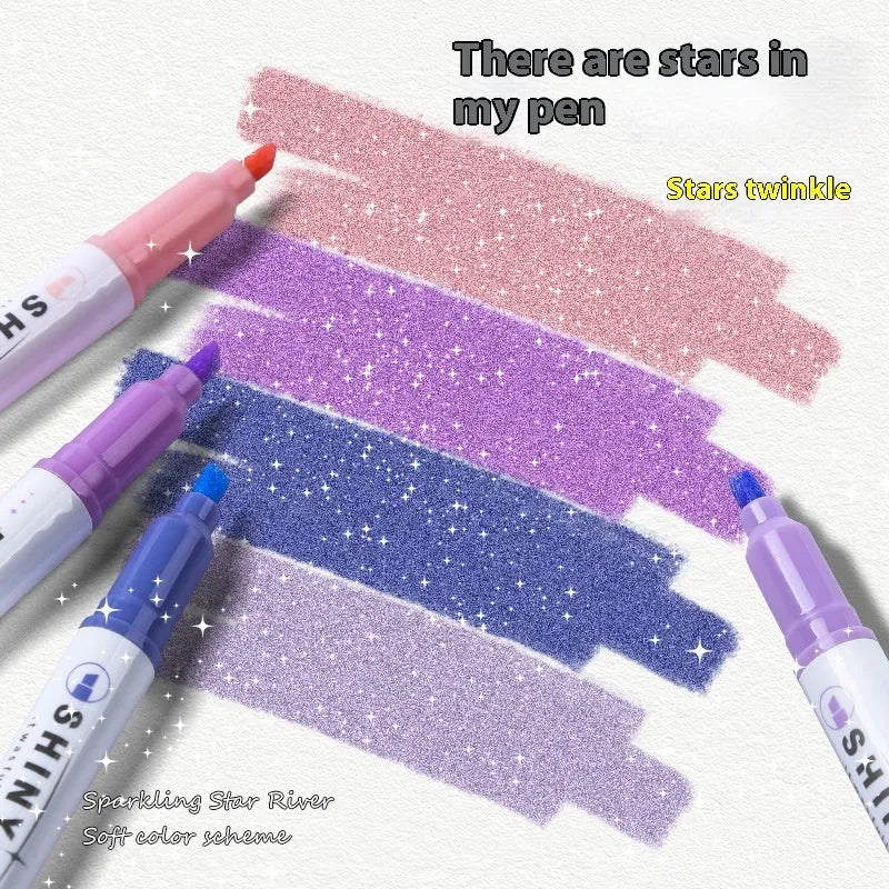 Set of four glitter fluorescent highlighter pens with slanted tips in six colour options including taro puff and mung bean smoothie