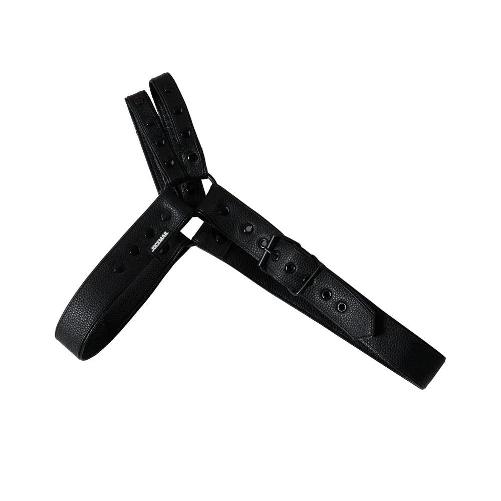 Black two-layer synthetic leather detachable men's chest strap on plain background