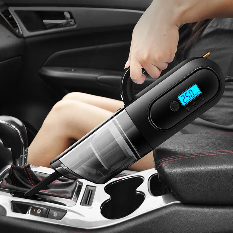 Multi-function 12V car vacuum cleaner with digital tire pressure display and inflation nozzle, ABS construction, Black and White colour options