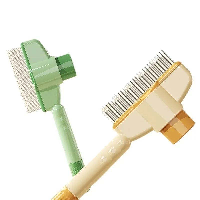 Yellow and green self-cleaning pet combs with stainless steel teeth and release buttons for dog and cat grooming