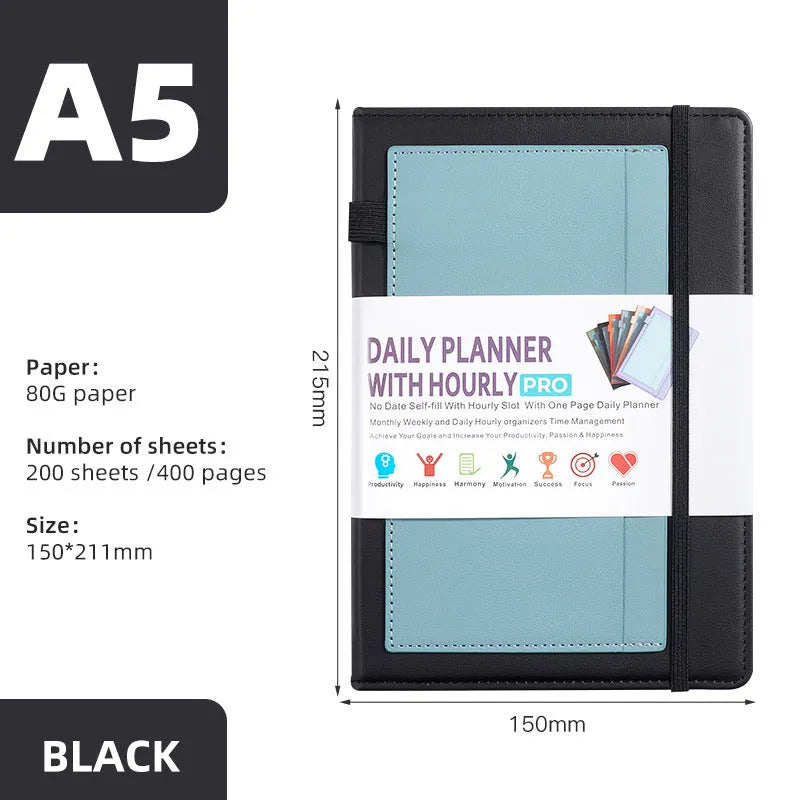 A5 notebook with PU leather cover in various colours, shown open to reveal blank pages and planning stickers.