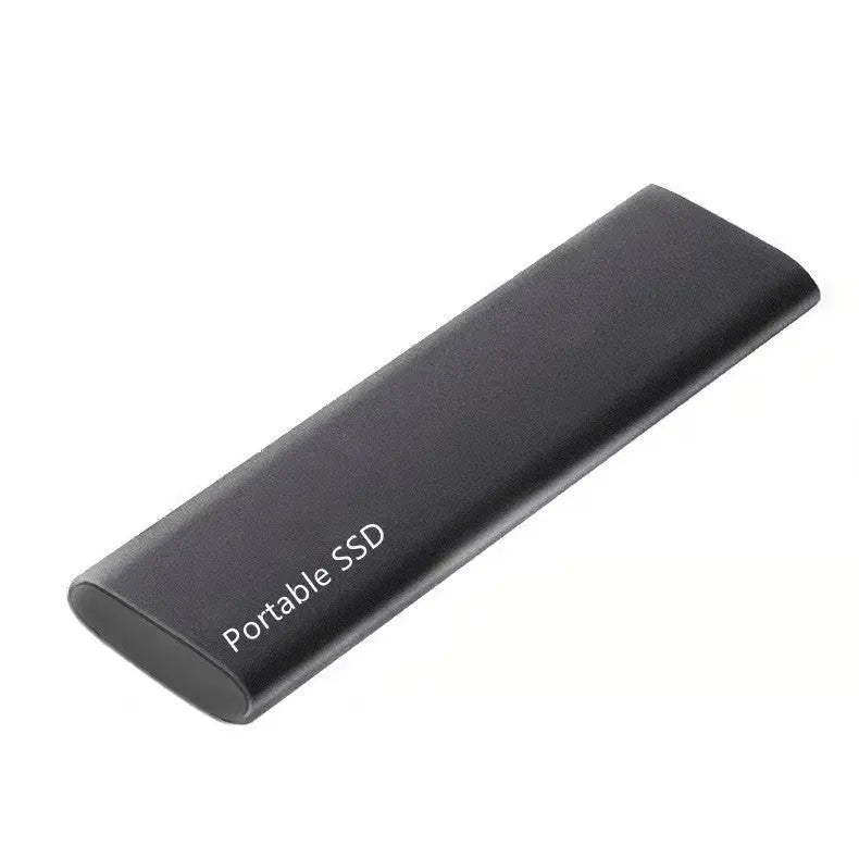 Ultra-thin external mobile solid-state drive with a metal shell, showing red interface connector.