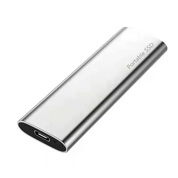 Ultra-thin external mobile solid-state drive with a metal shell, showing red interface connector.