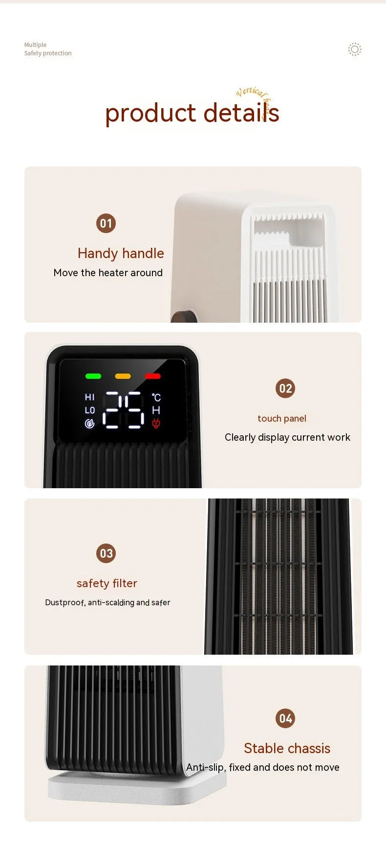 Small white air conditioner with PTC heater, touch controls, and shaking head for 30m² rooms