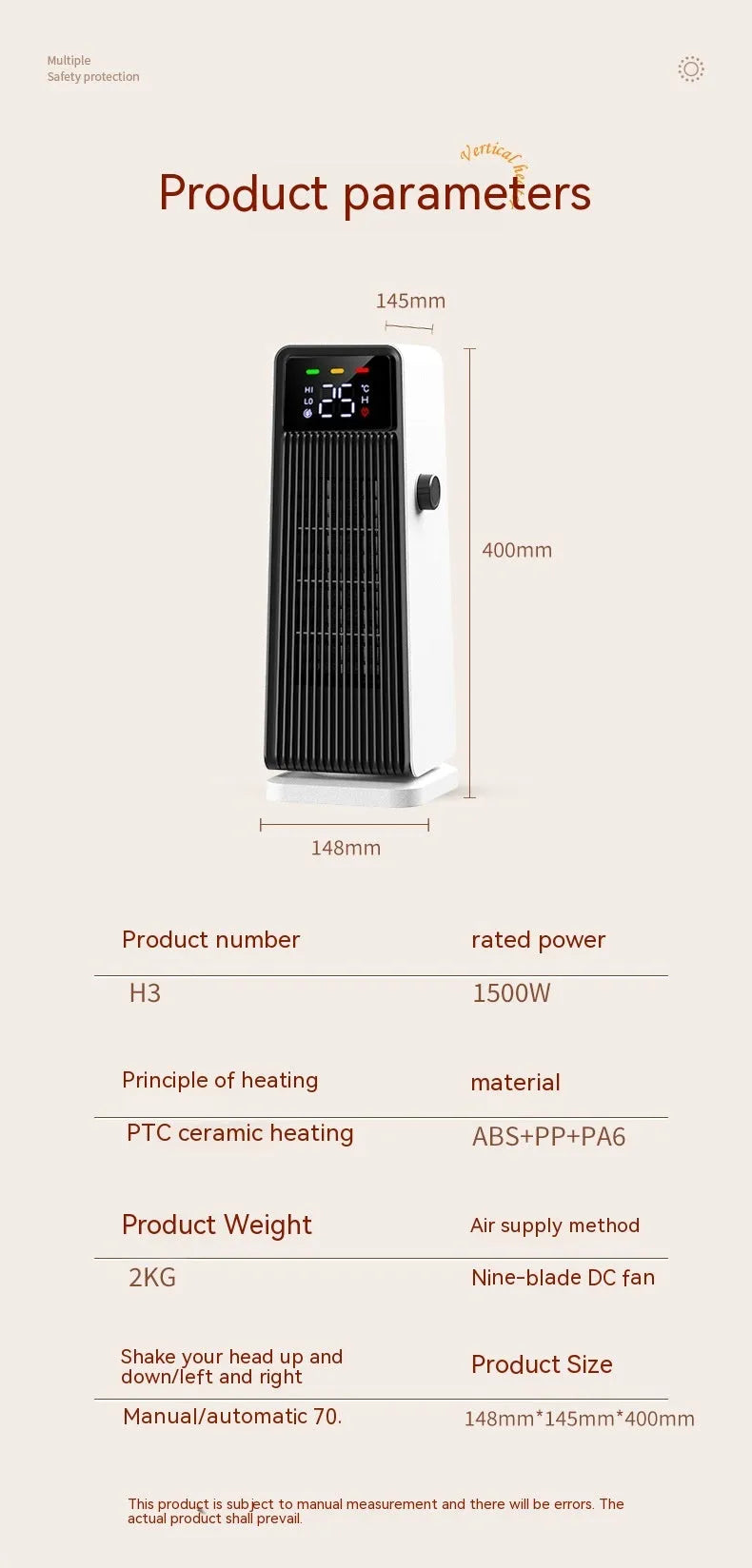 Small white air conditioner with PTC heater, touch controls, and shaking head for 30m² rooms