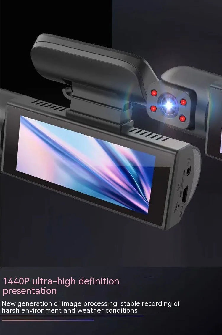 Black dual-lens car dash cam with a 3.5-inch LCD screen mounted on a windscreen.