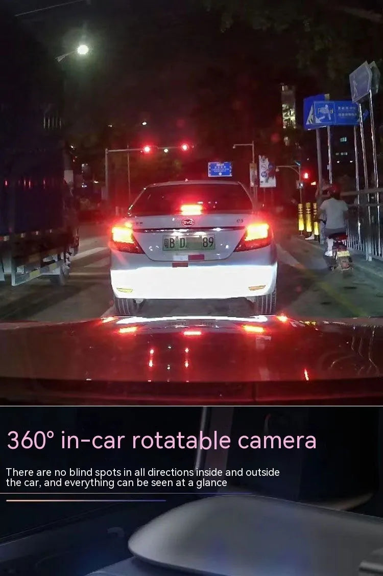 Black dual-lens car dash cam with a 3.5-inch LCD screen mounted on a windscreen.