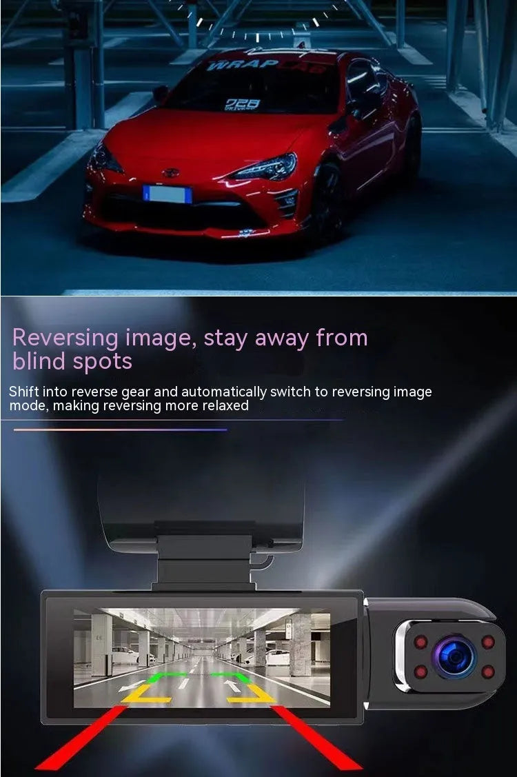 Black dual-lens car dash cam with a 3.5-inch LCD screen mounted on a windscreen.