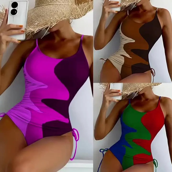 Women's sleeveless one-piece swimsuit in a choice of blue, purple, brown, or green colours.