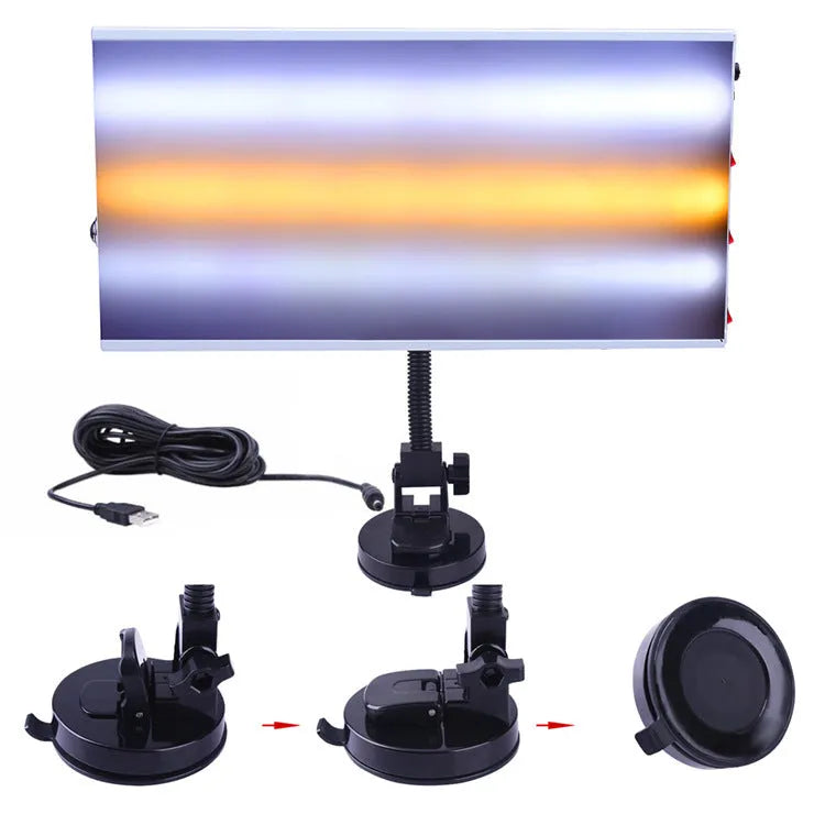 White car dent repair detector kit with concave inspection light on workshop bench