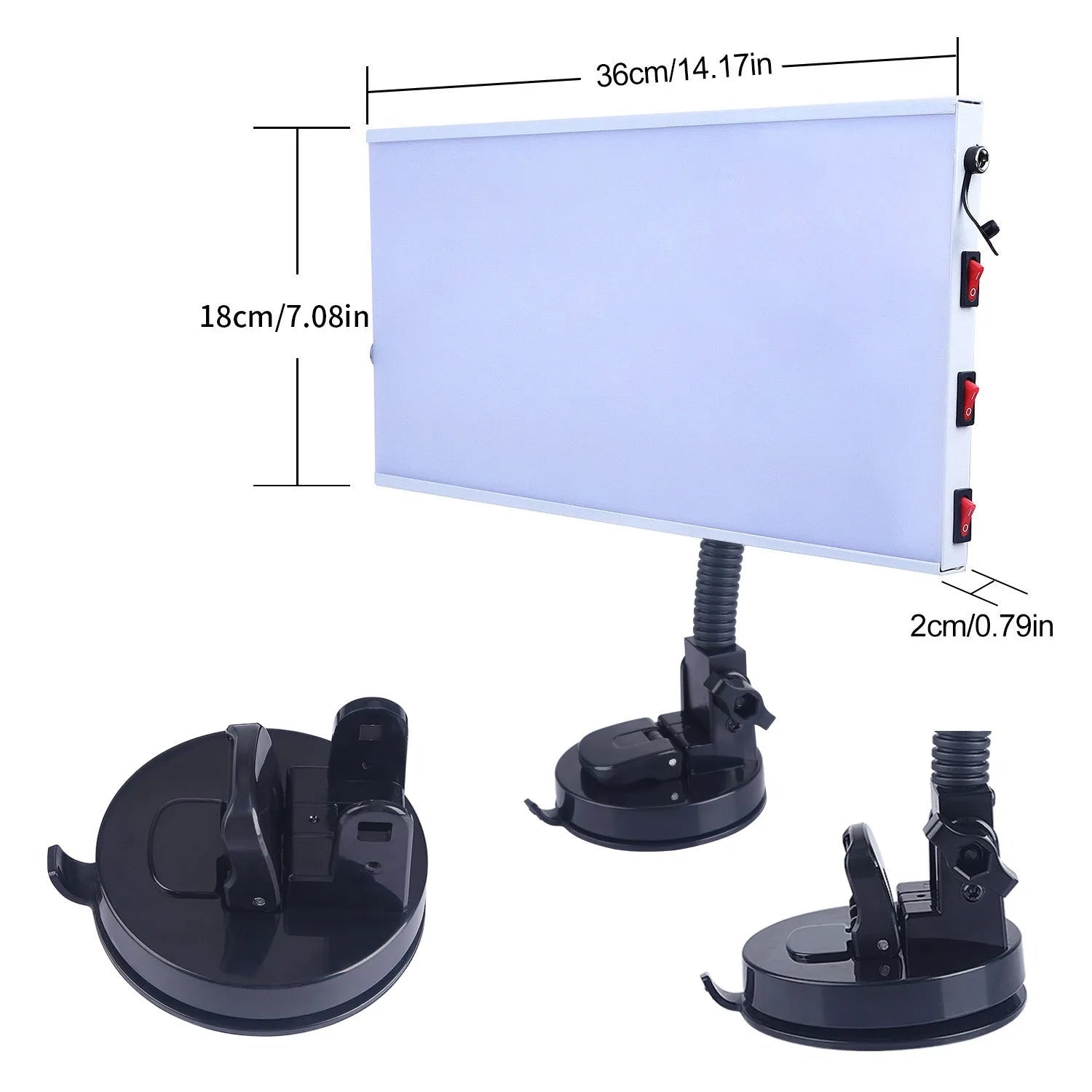 White car dent repair detector kit with concave inspection light on workshop bench