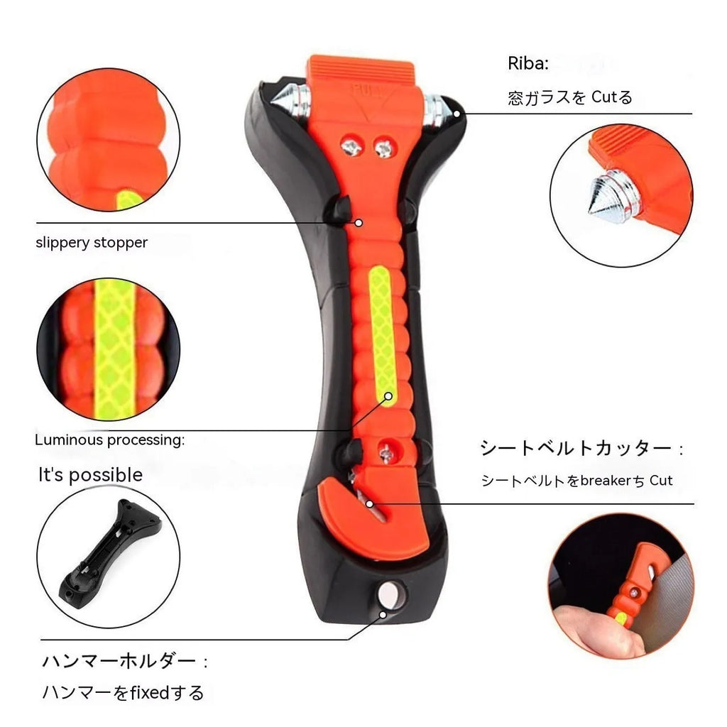 Red emergency car life-saving hammer with seatbelt cutter and spring-loaded window breaker