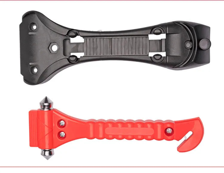 Red emergency car life-saving hammer with seatbelt cutter and spring-loaded window breaker