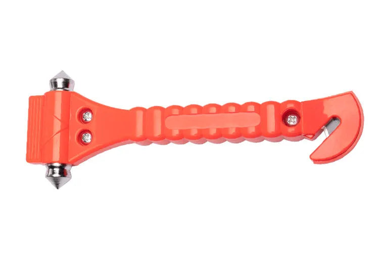 Red emergency car life-saving hammer with seatbelt cutter and spring-loaded window breaker