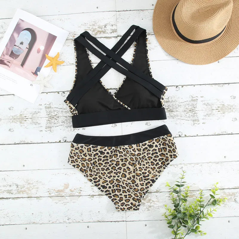 Leopard print women's swimsuit with V-neck design and cross banded bikini style