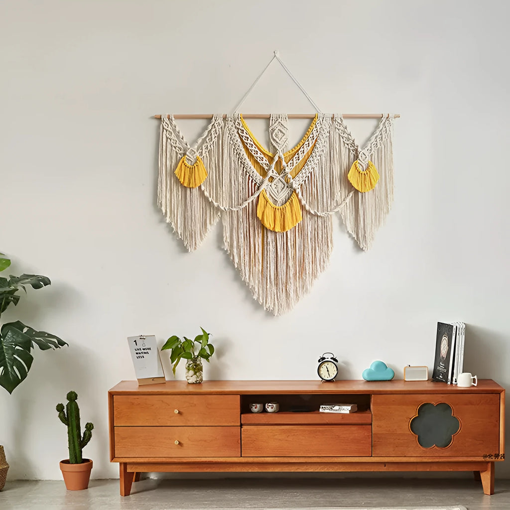 Nordic style handmade cotton tapestry wall hanging creamy white rectangular 120x95cm