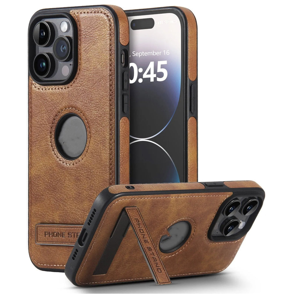 Leather pattern bracket phone case drop-resistant for iPhone in black
