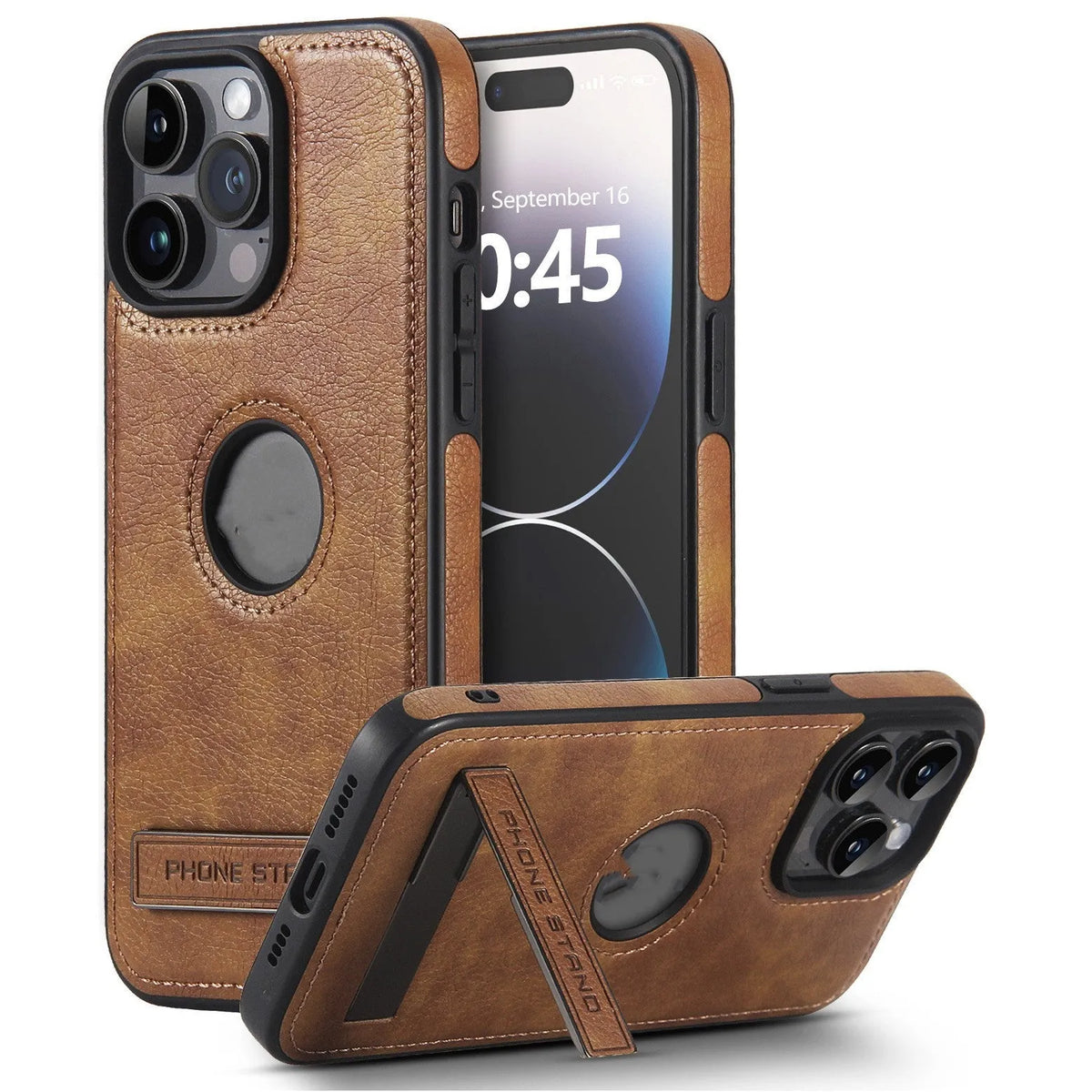 Leather pattern bracket phone case drop-resistant for iPhone in black