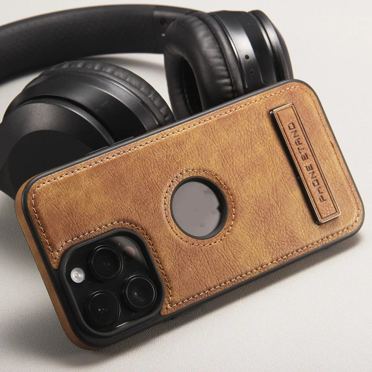 Leather pattern bracket phone case drop-resistant for iPhone in black