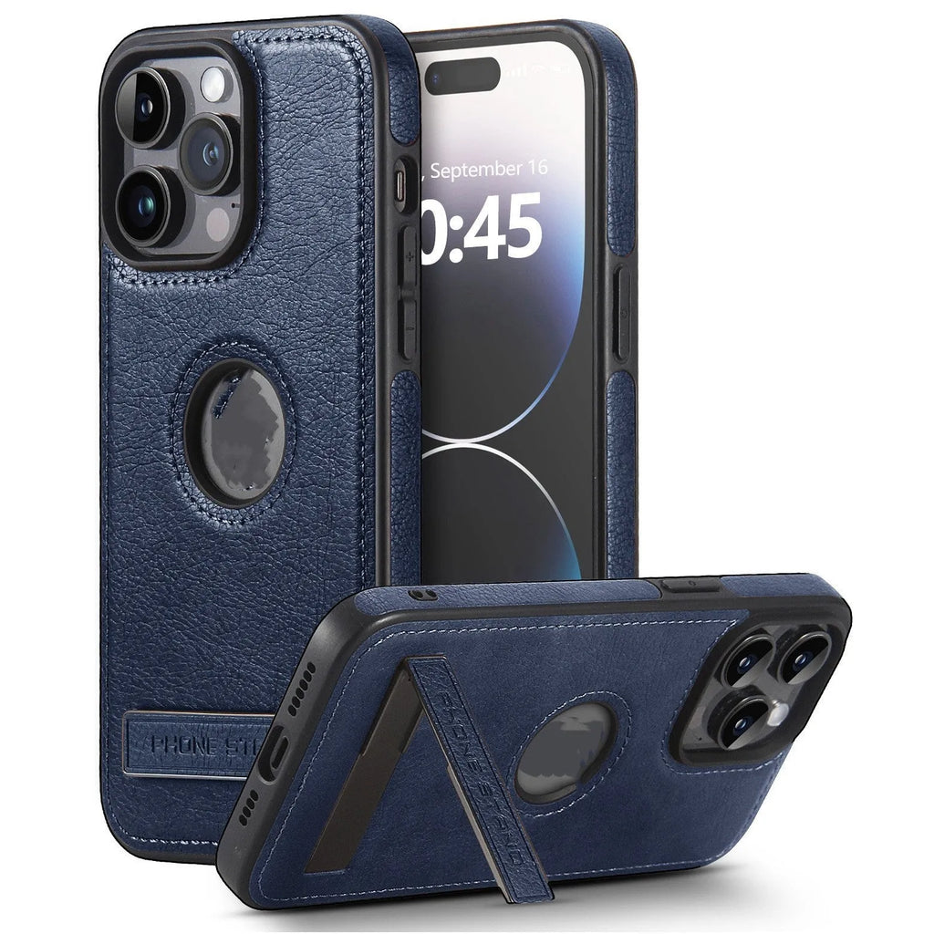 Leather pattern bracket phone case drop-resistant for iPhone in black