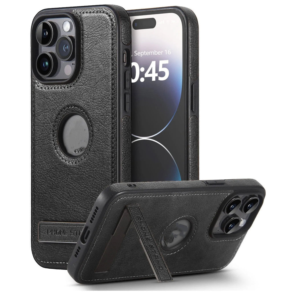 Leather pattern bracket phone case drop-resistant for iPhone in black