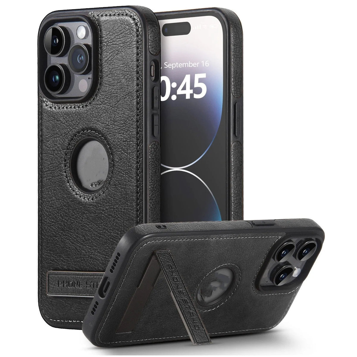 Leather pattern bracket phone case drop-resistant for iPhone in black