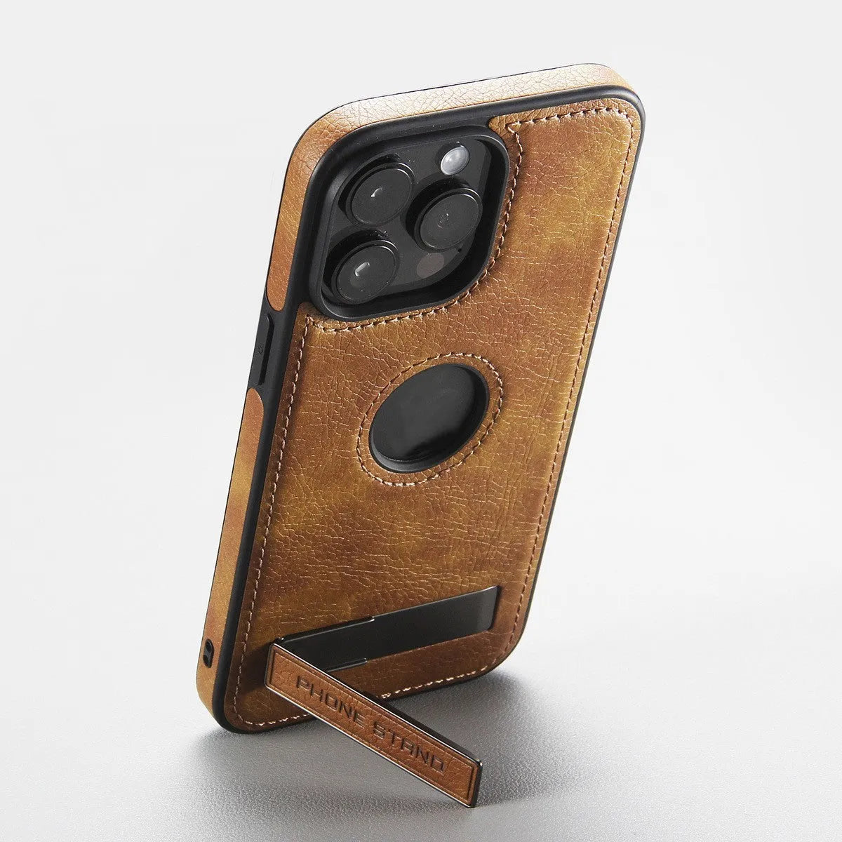 Leather pattern bracket phone case drop-resistant for iPhone in black