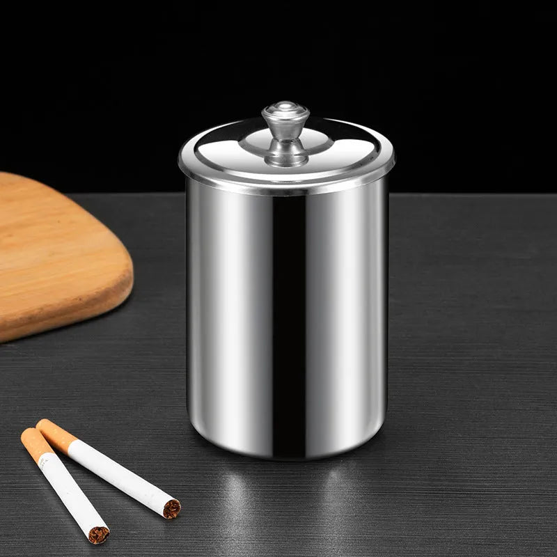Stainless steel fly ash ashtray with cover in choice of colours, shown with funnel and smoke button.