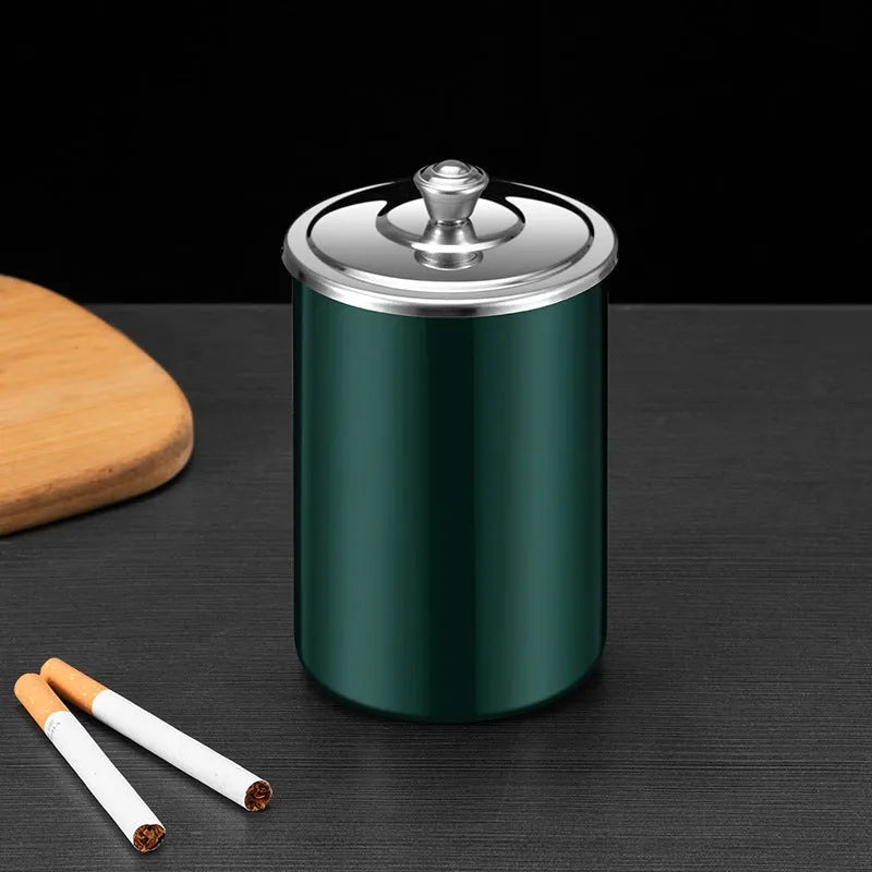 Stainless steel fly ash ashtray with cover in choice of colours, shown with funnel and smoke button.