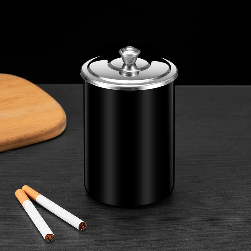 Stainless steel fly ash ashtray with cover in choice of colours, shown with funnel and smoke button.